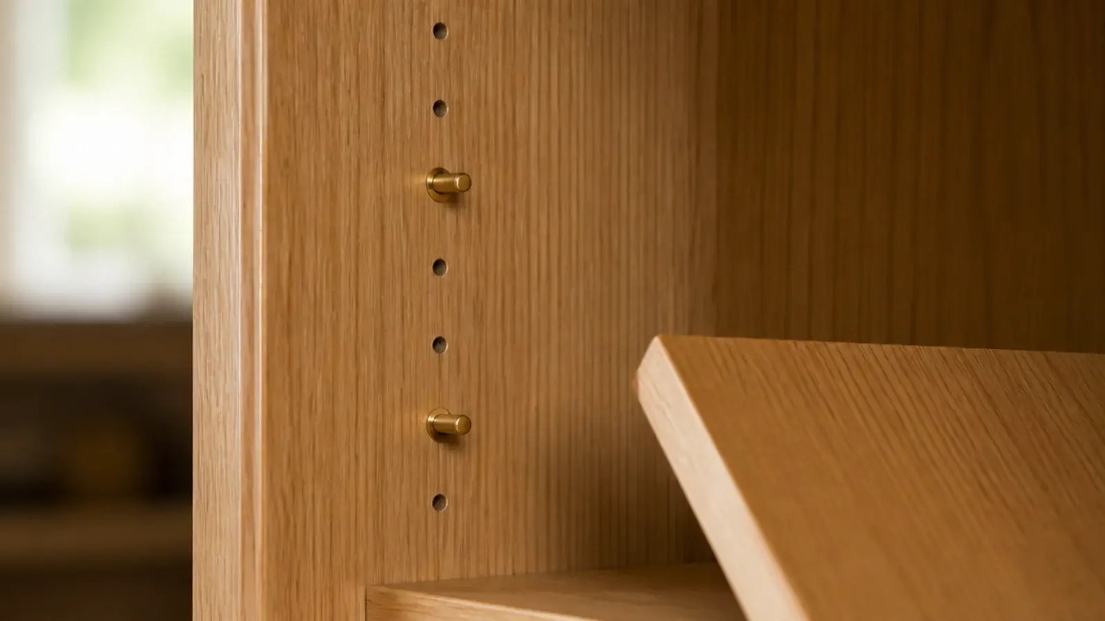 column of shelf pin holes drilled in a wooden shoe cabinet side panel