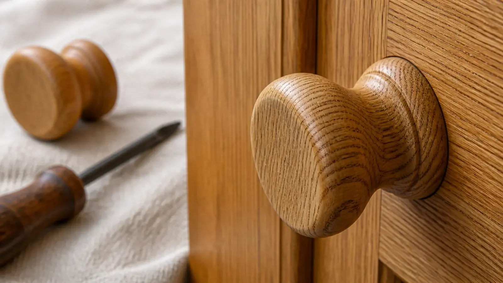 small turned timber knob fitted to a wooden shoe cabinet door