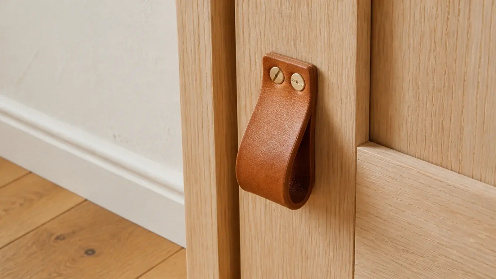 tan leather strap pull fixed to a wooden shoe cabinet door front