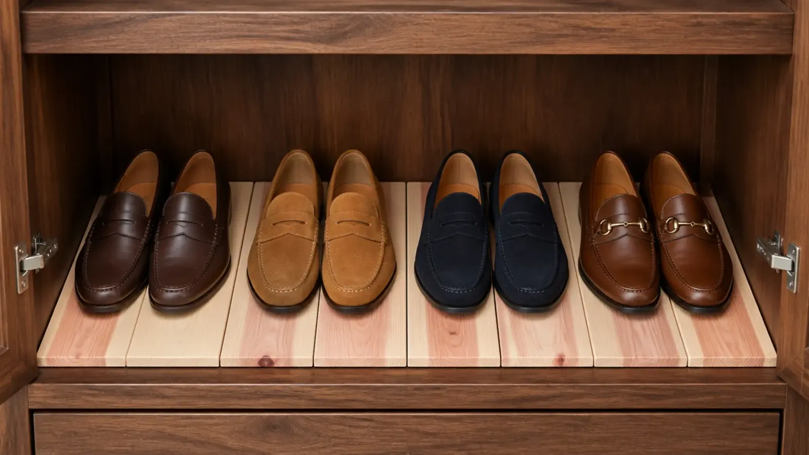 cedar liner strips laid inside the shelf of a wooden shoe cabinet