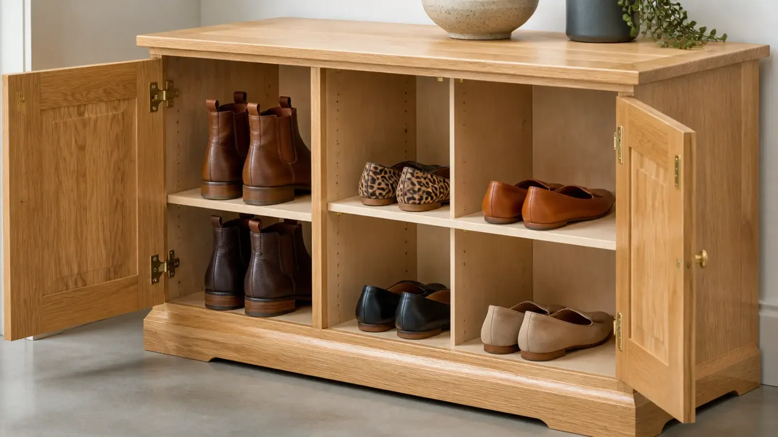 tall end bay in a wooden shoe cabinet holding upright leather boots