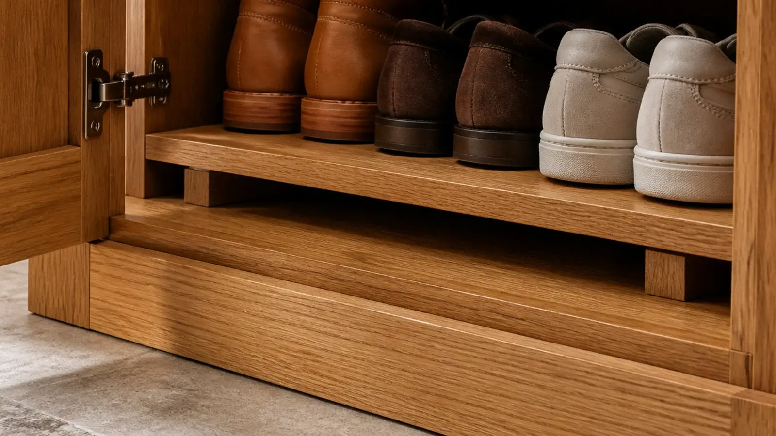 lowest shelf of a wooden shoe cabinet raised on cleats for airflow