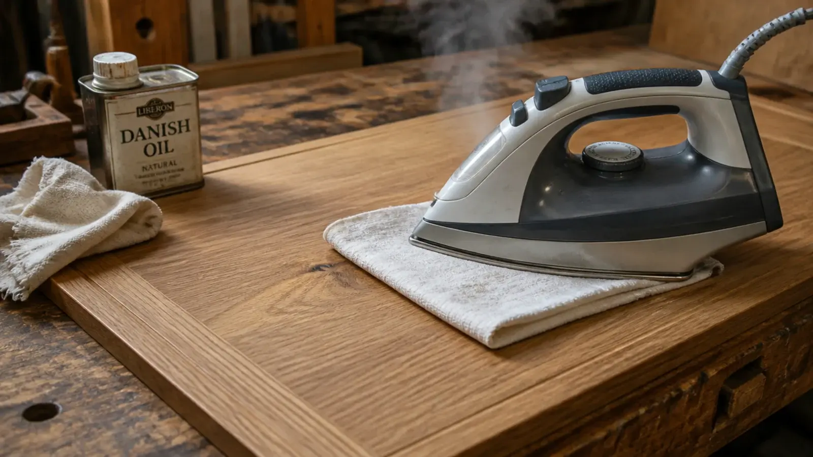 damp cloth and small iron lifting a dent from a timber cabinet panel