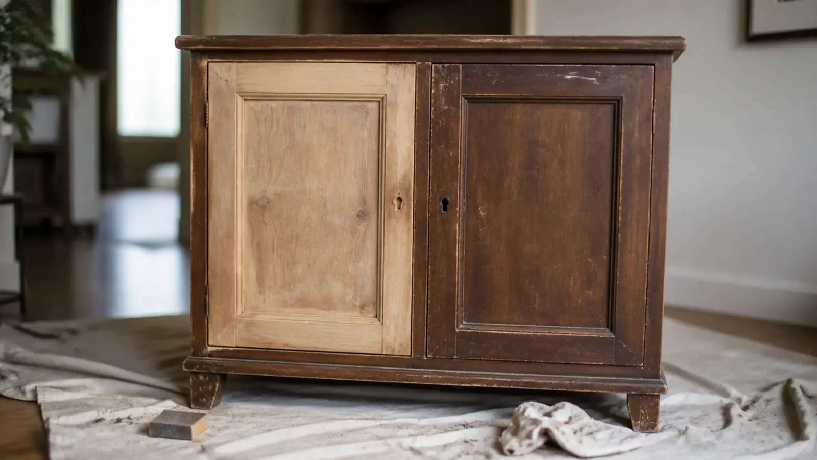 old timber cabinet half sanded back to bare wood before refinishing