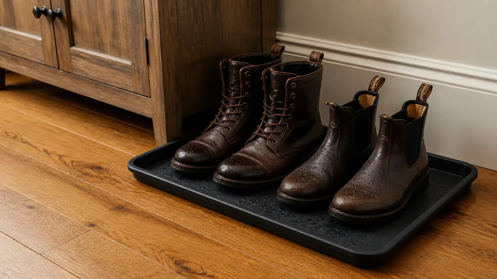 metal tray of wet boots on the floor beside a wooden shoe cabinet
