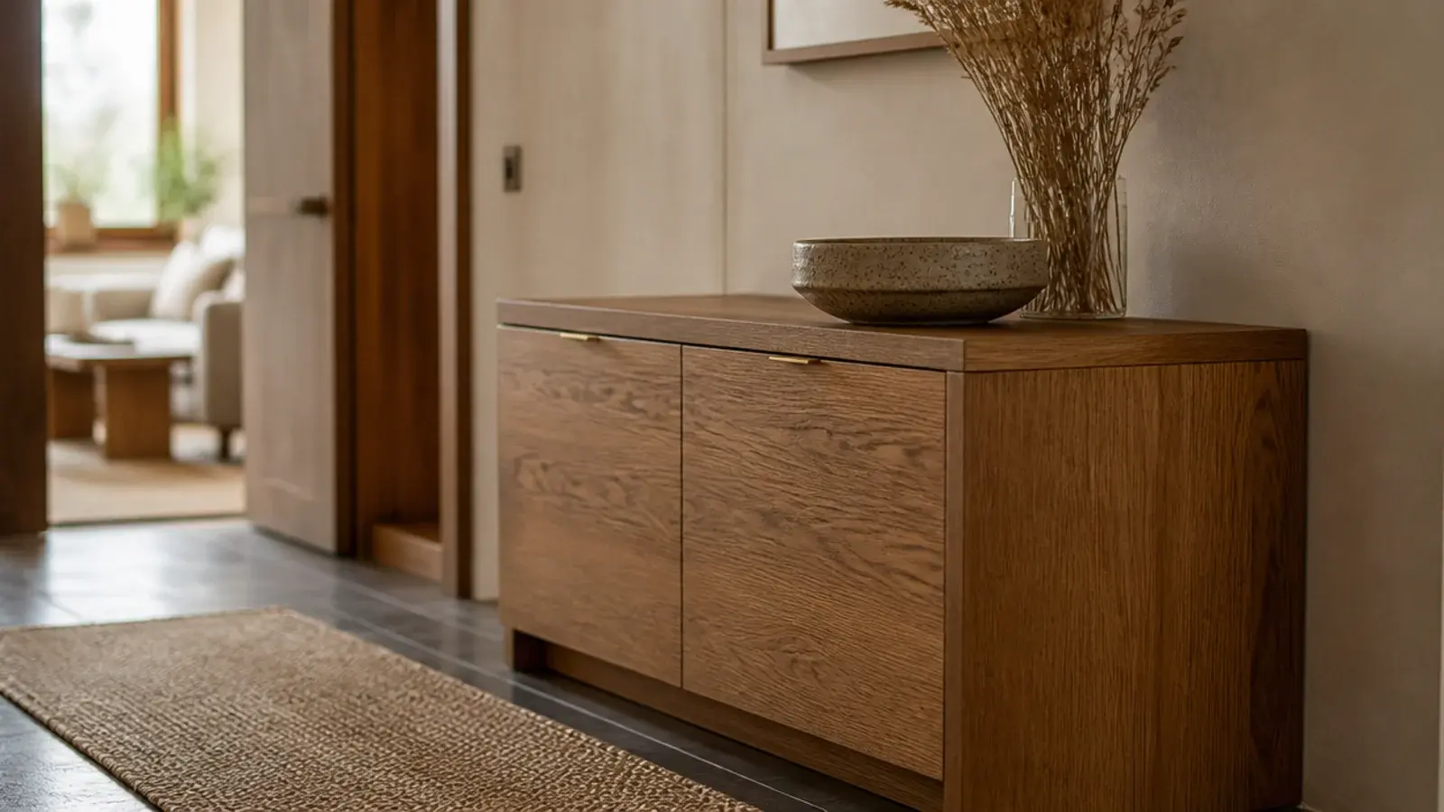 wooden shoe cabinet in warm oak with matched grain doors and brass pulls