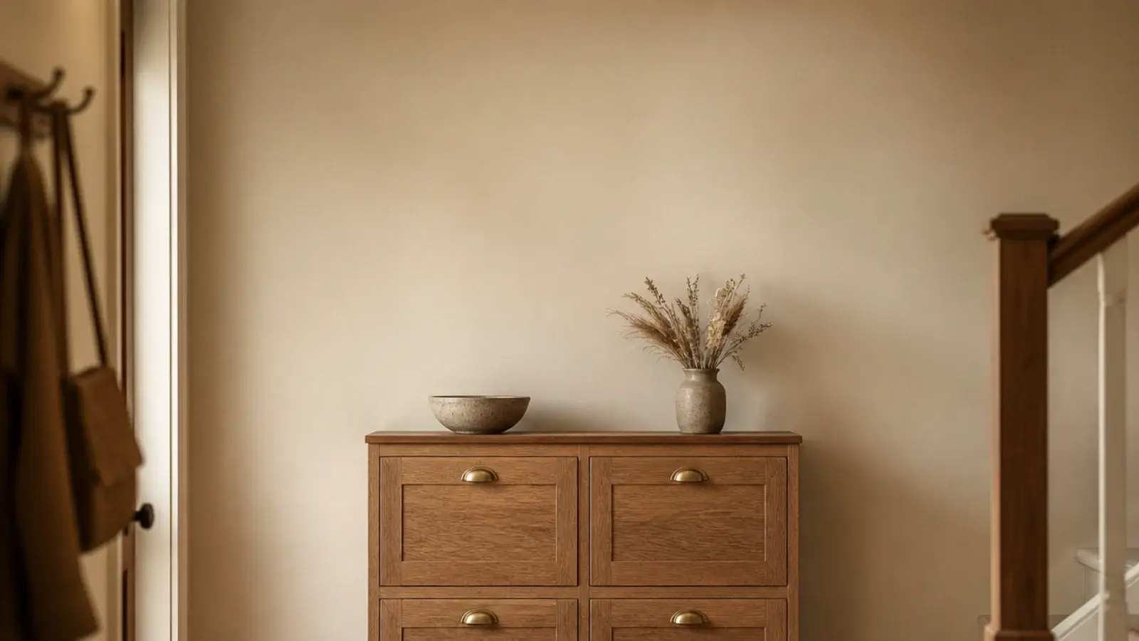 vertical hallway view of a solid oak shoe cabinet with brass pulls