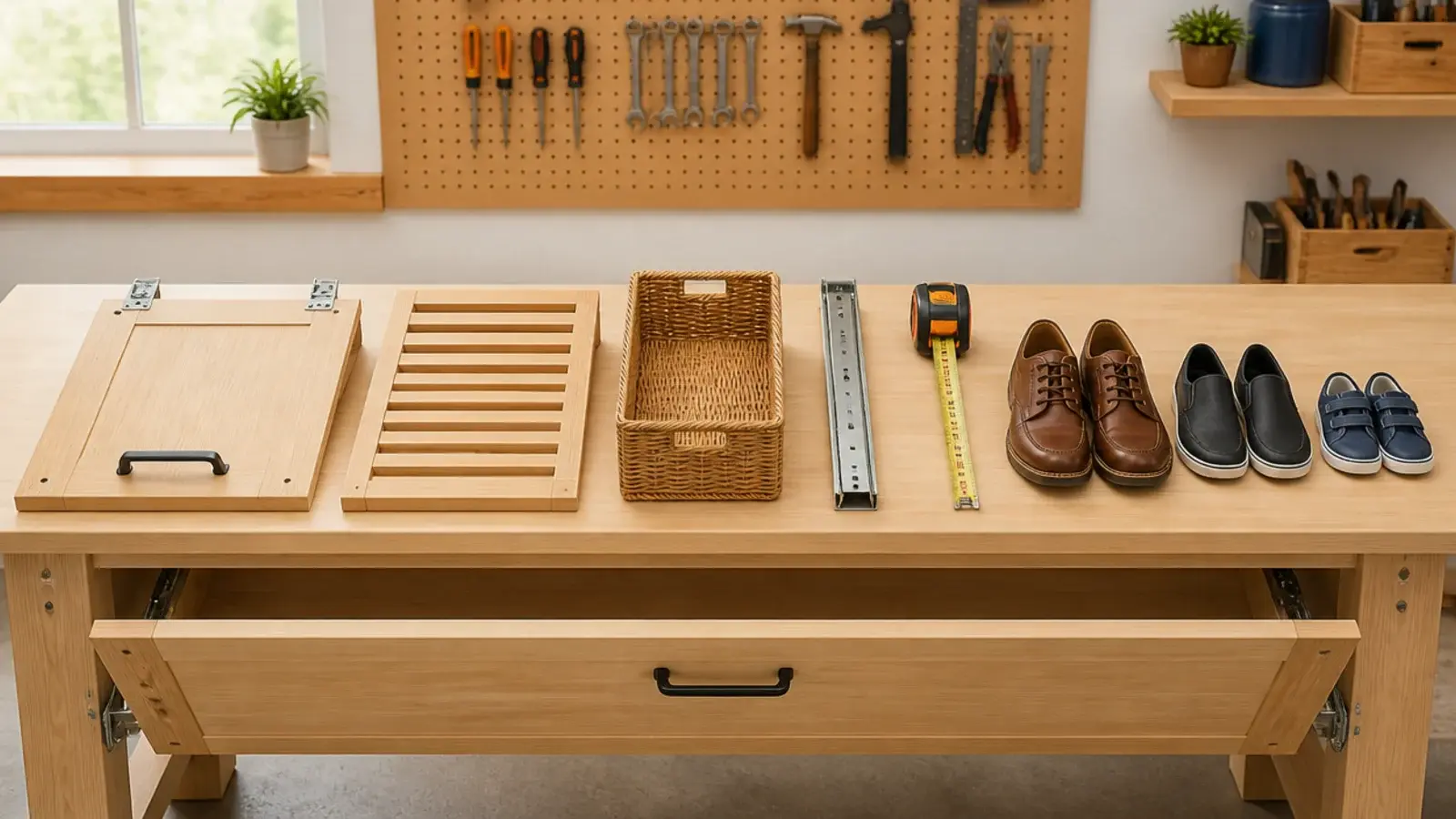 testing bench with shoe storage samples a tape measure and loaded shoes
