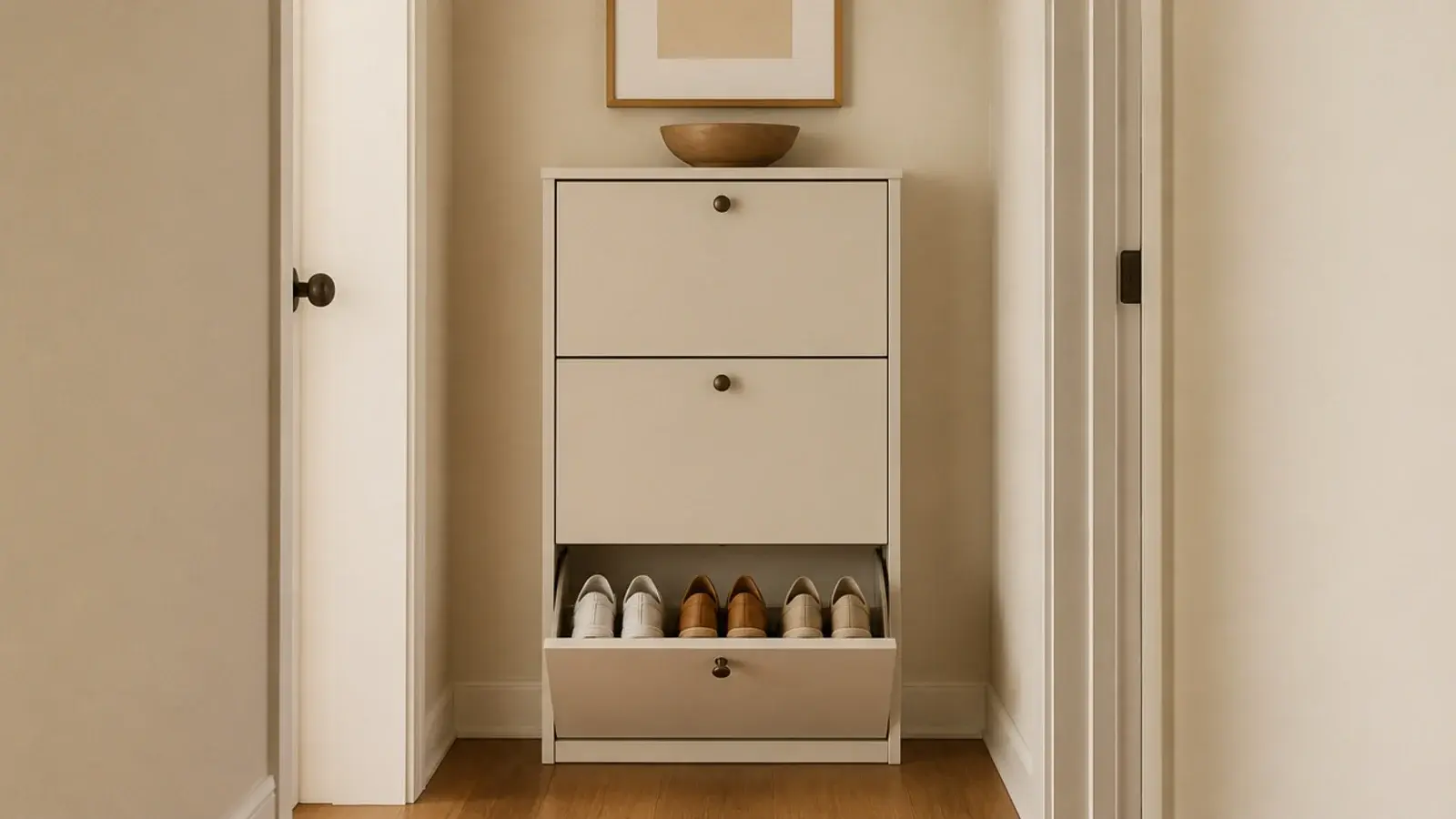slim tilt out shoe cabinet in a narrow hallway with a drawer open