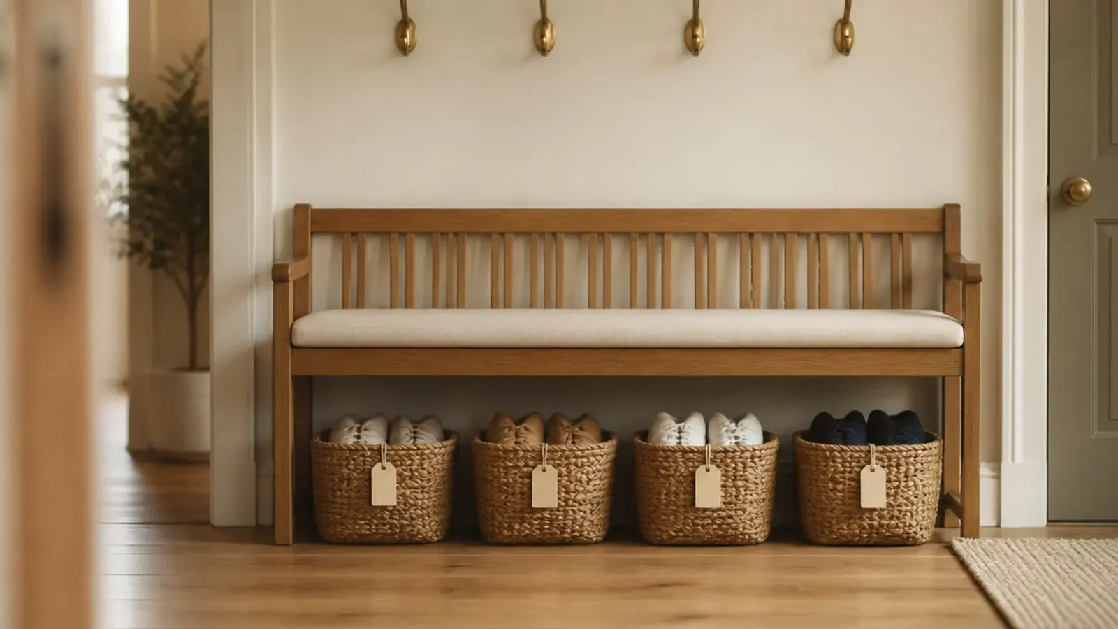 slatted oak shoe storage bench with tagged woven baskets underneath