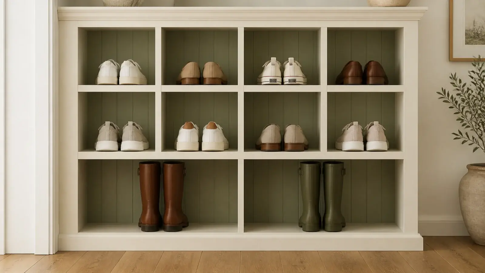 open painted shoe cubbies holding one pair per opening in an entry