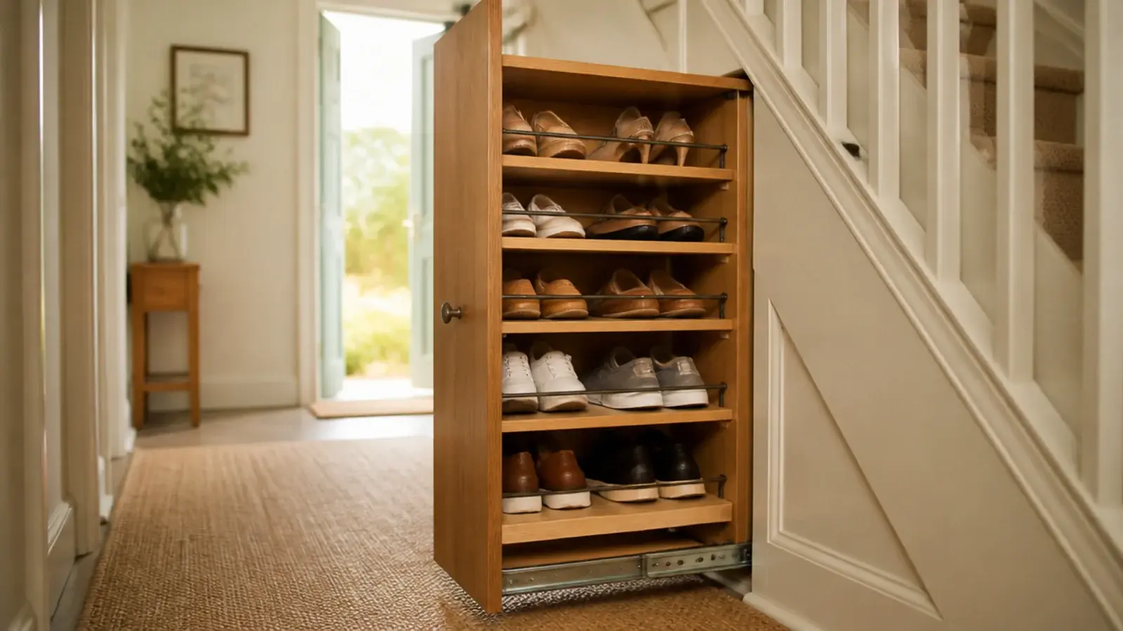 pull out shoe tower extended from a staircase void holding many pairs