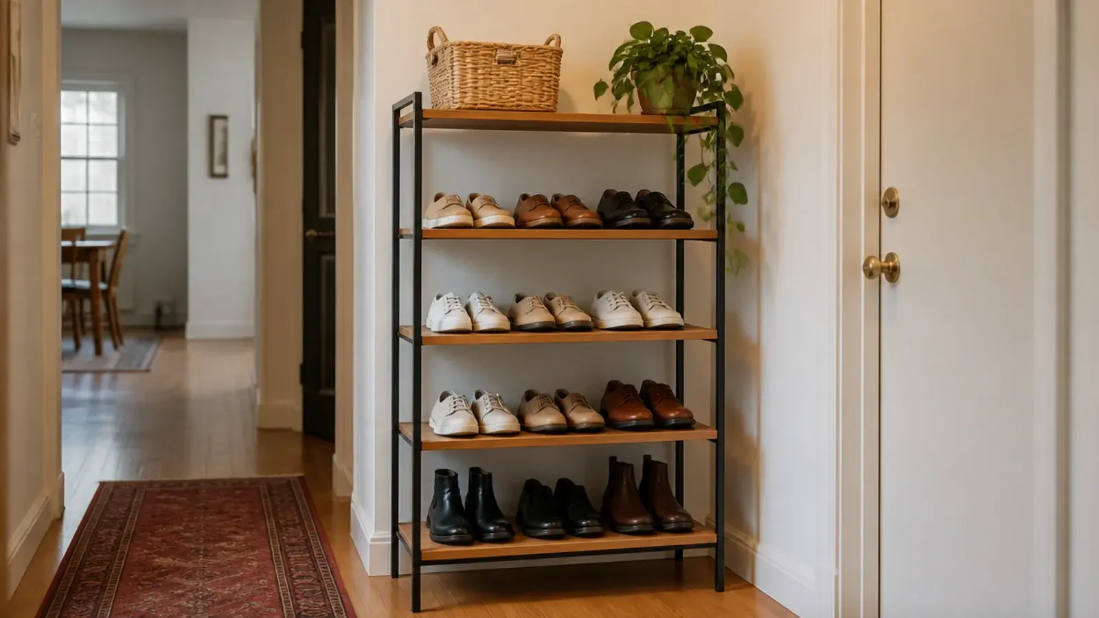 freestanding shoe etagere holding pairs and baskets in a rental hall