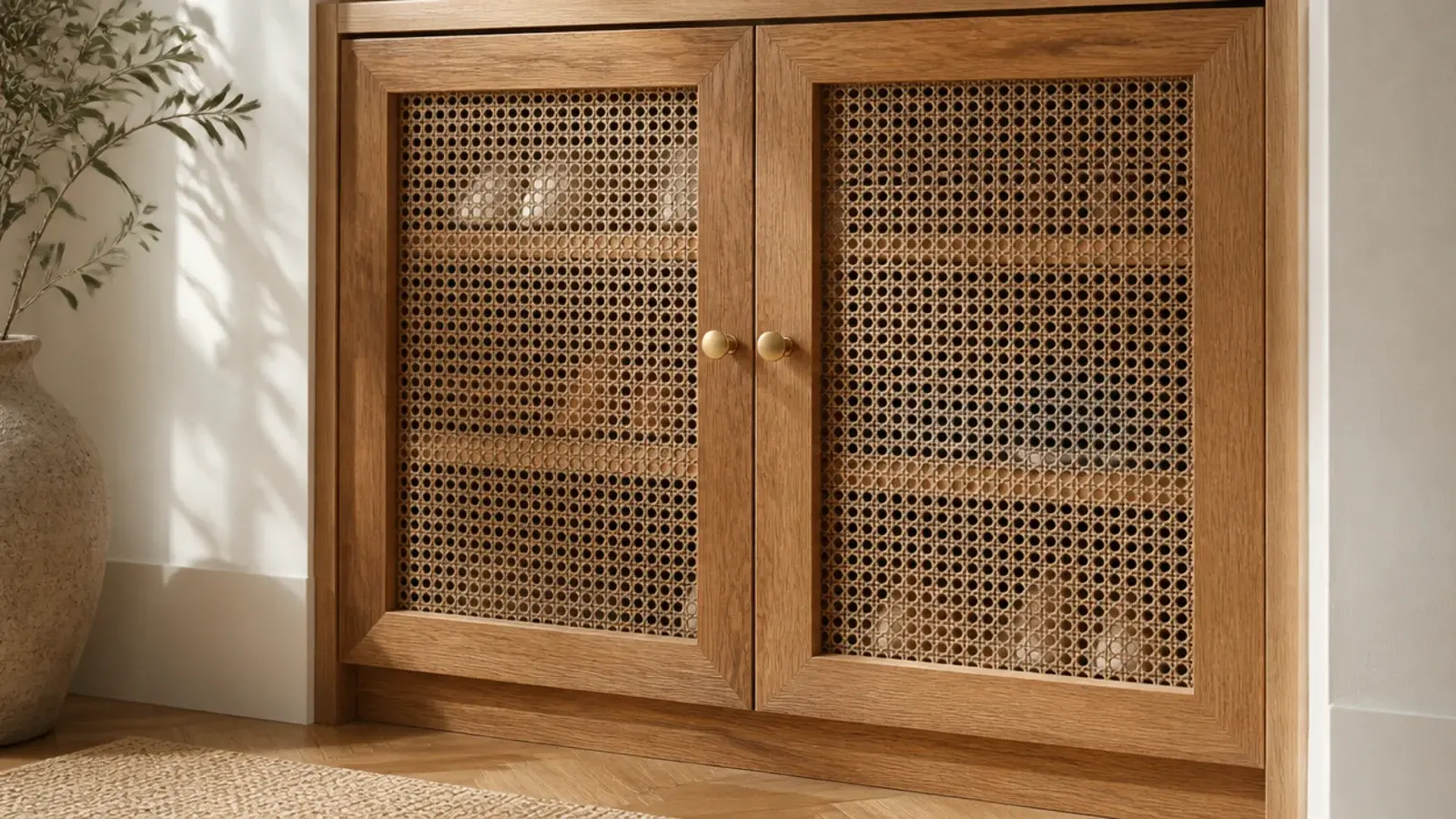 cane fronted shoe cabinet with airflow visible through the woven doors