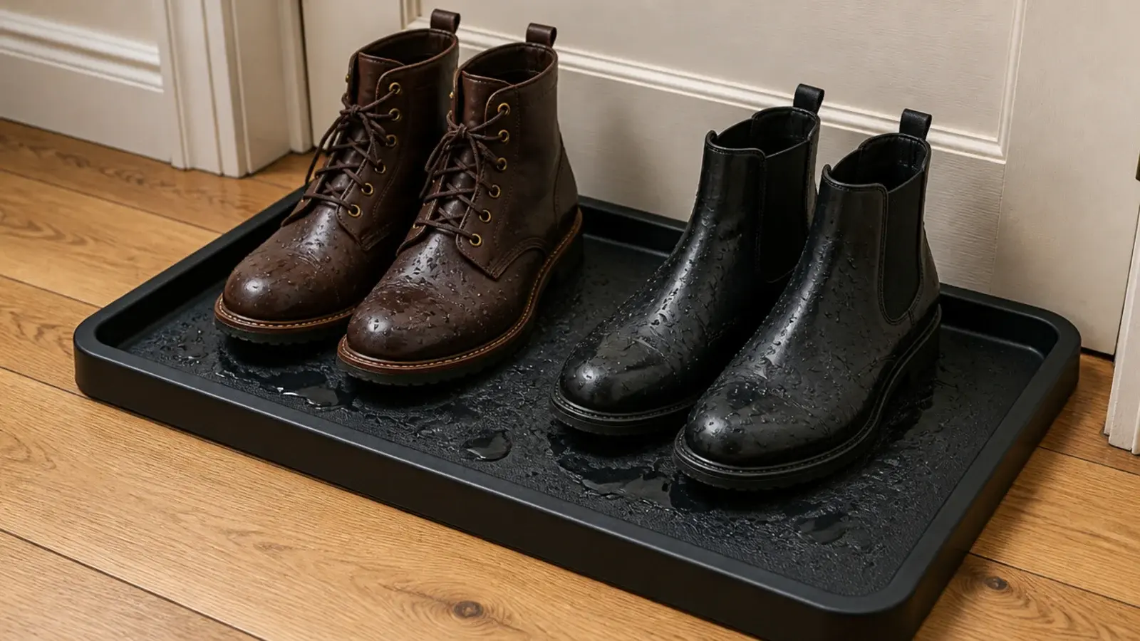 deep raised lip boot tray by a door holding wet leather boots