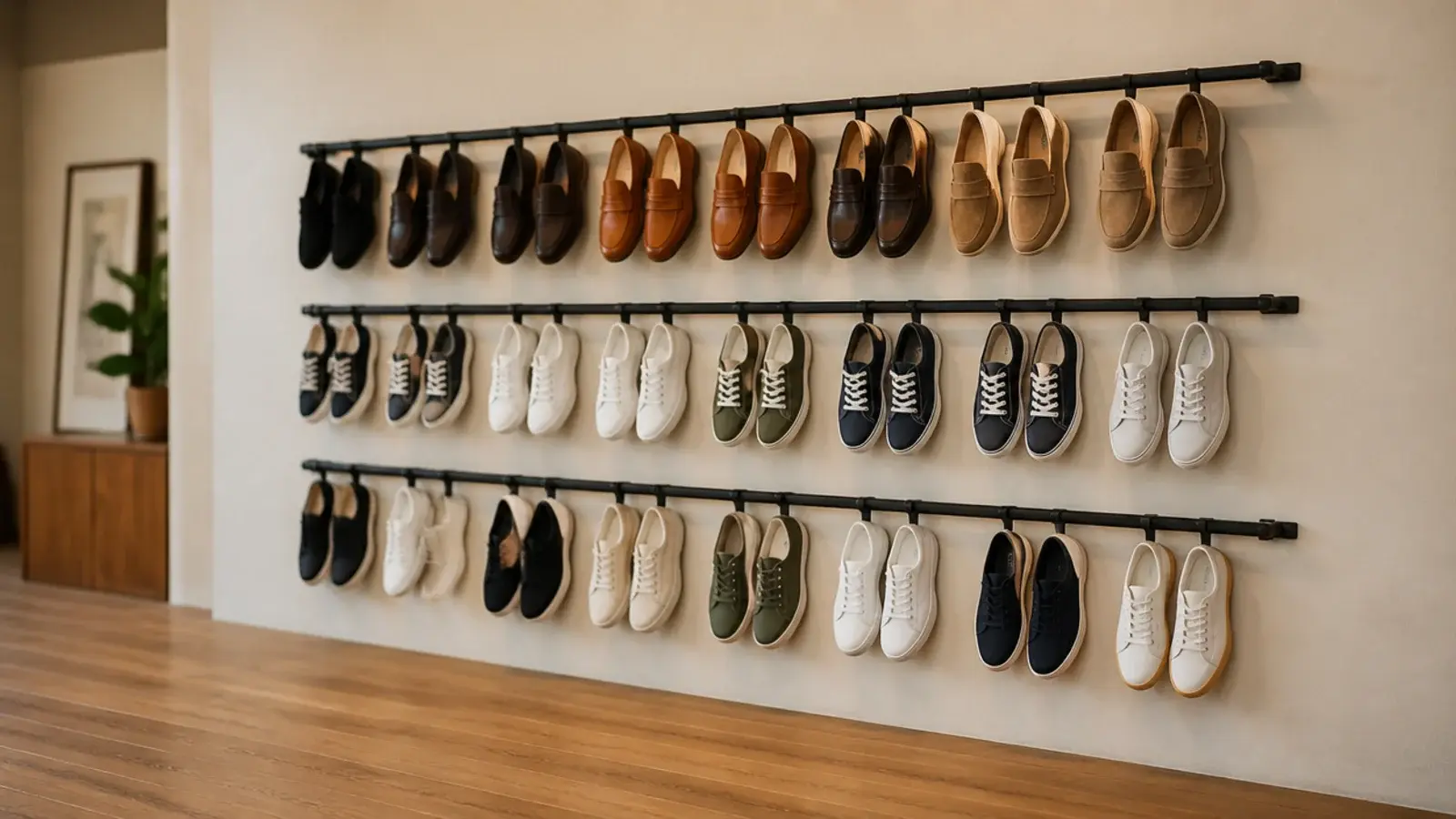 slim wall mounted heel rails holding flat shoes above a clear floor