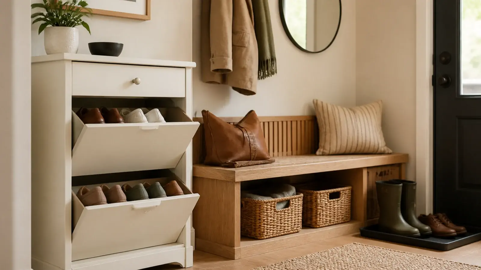 range of the best shoe storage solutions from tilt-out cabinets to benches