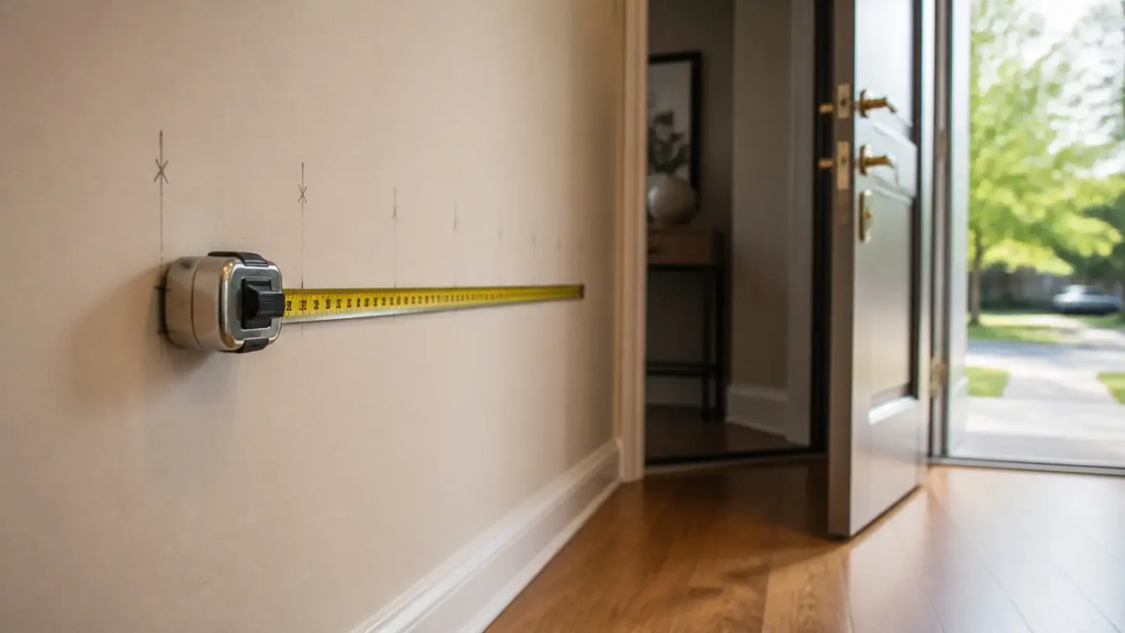 tape measure across an entryway wall with the front door standing open