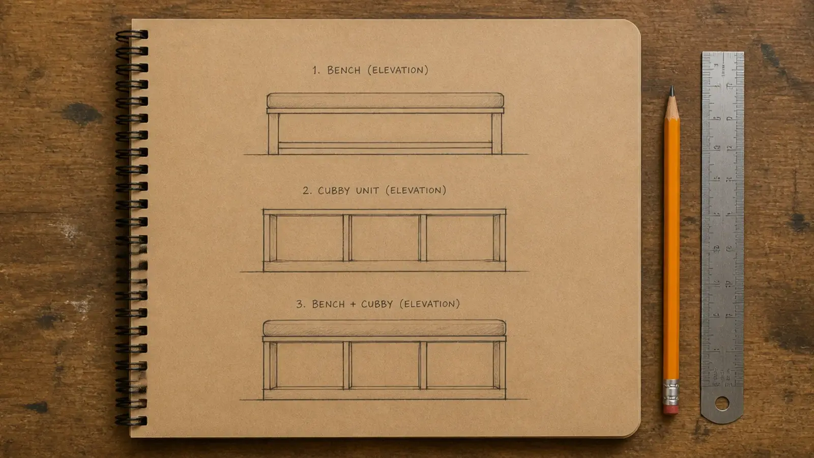 three simple sketches comparing bench cubby and combined shoe storage