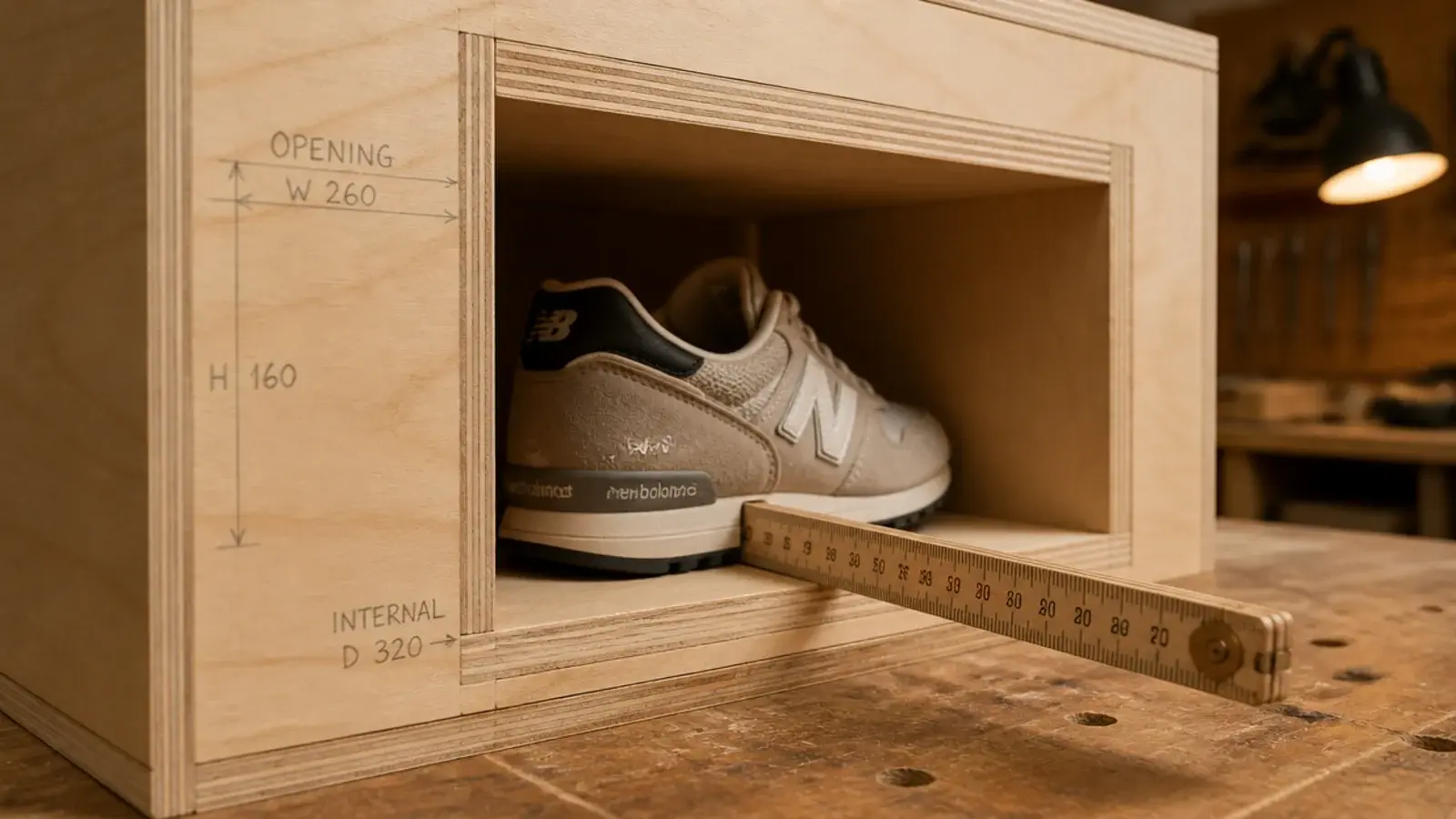 sneaker measured inside a marked plywood cubby opening for sizing