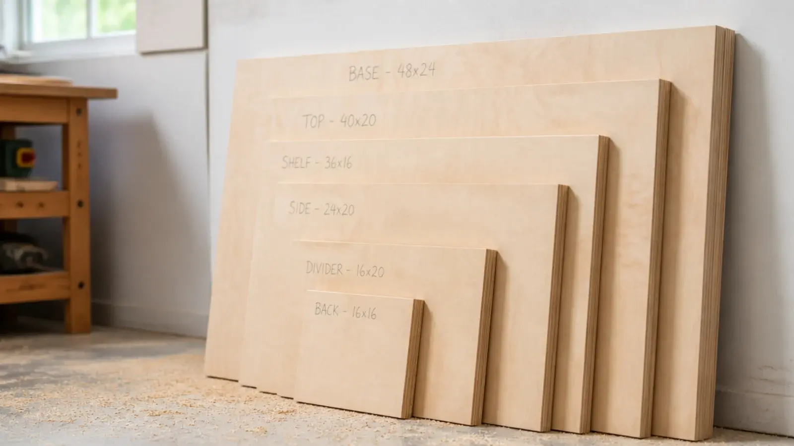 plywood sheet cut into labelled panels stacked ready for assembly