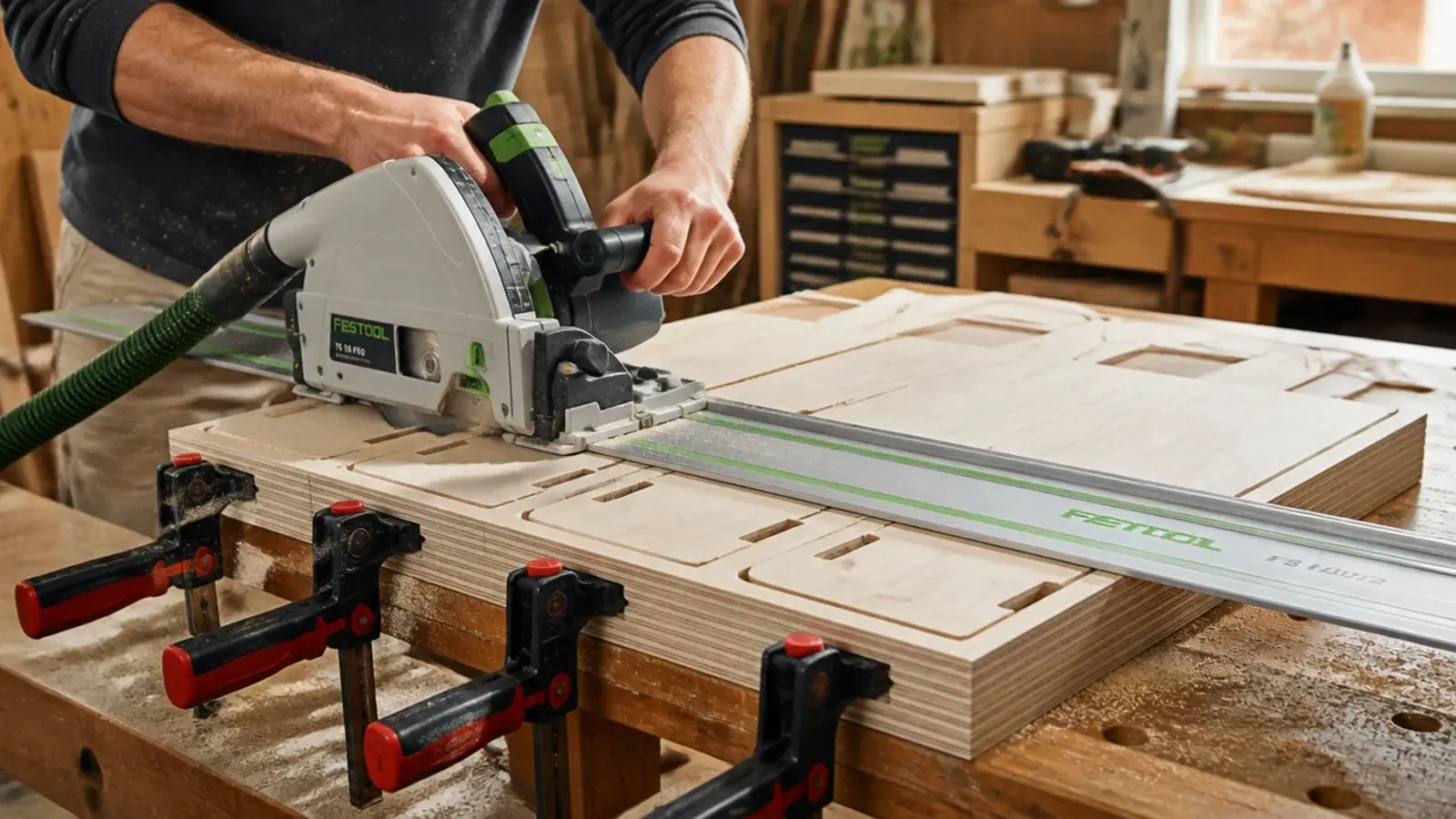 plywood divider panel clamped and being cut on a workbench