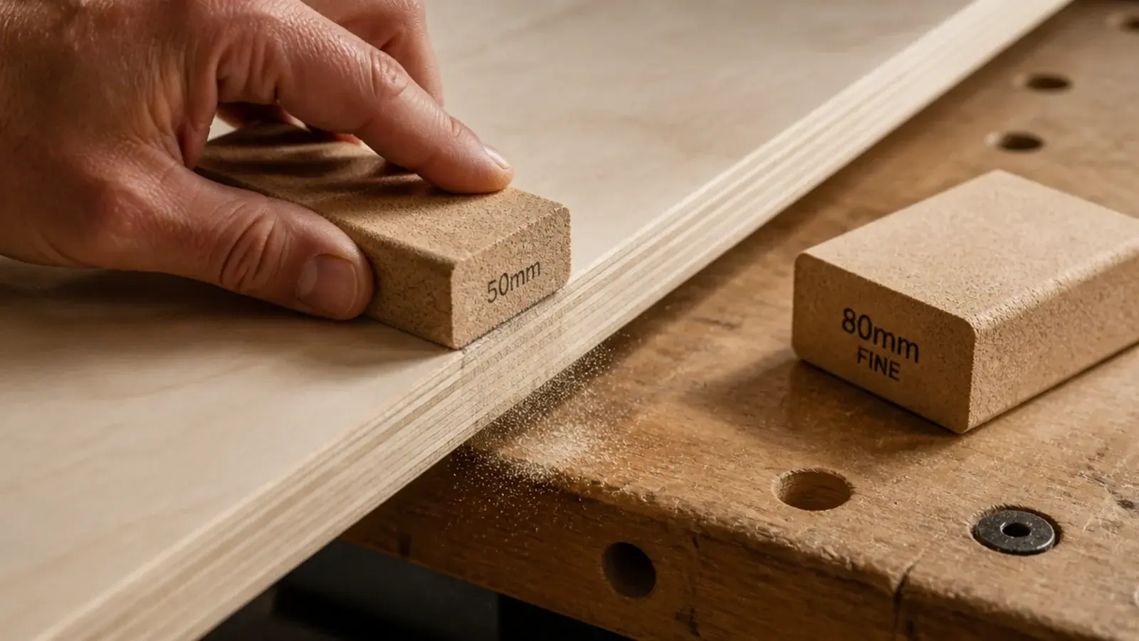 sanding block smoothing a plywood panel edge before assembly
