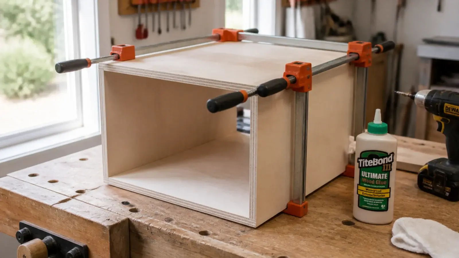 plywood carcass panels glued and clamped square on a workbench