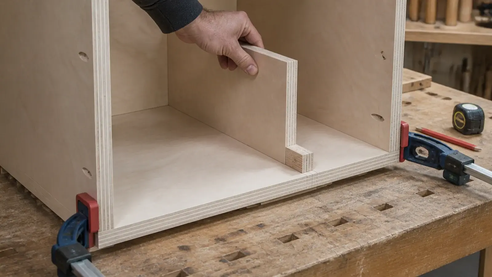 vertical dividers being slotted into a plywood shoe storage carcass