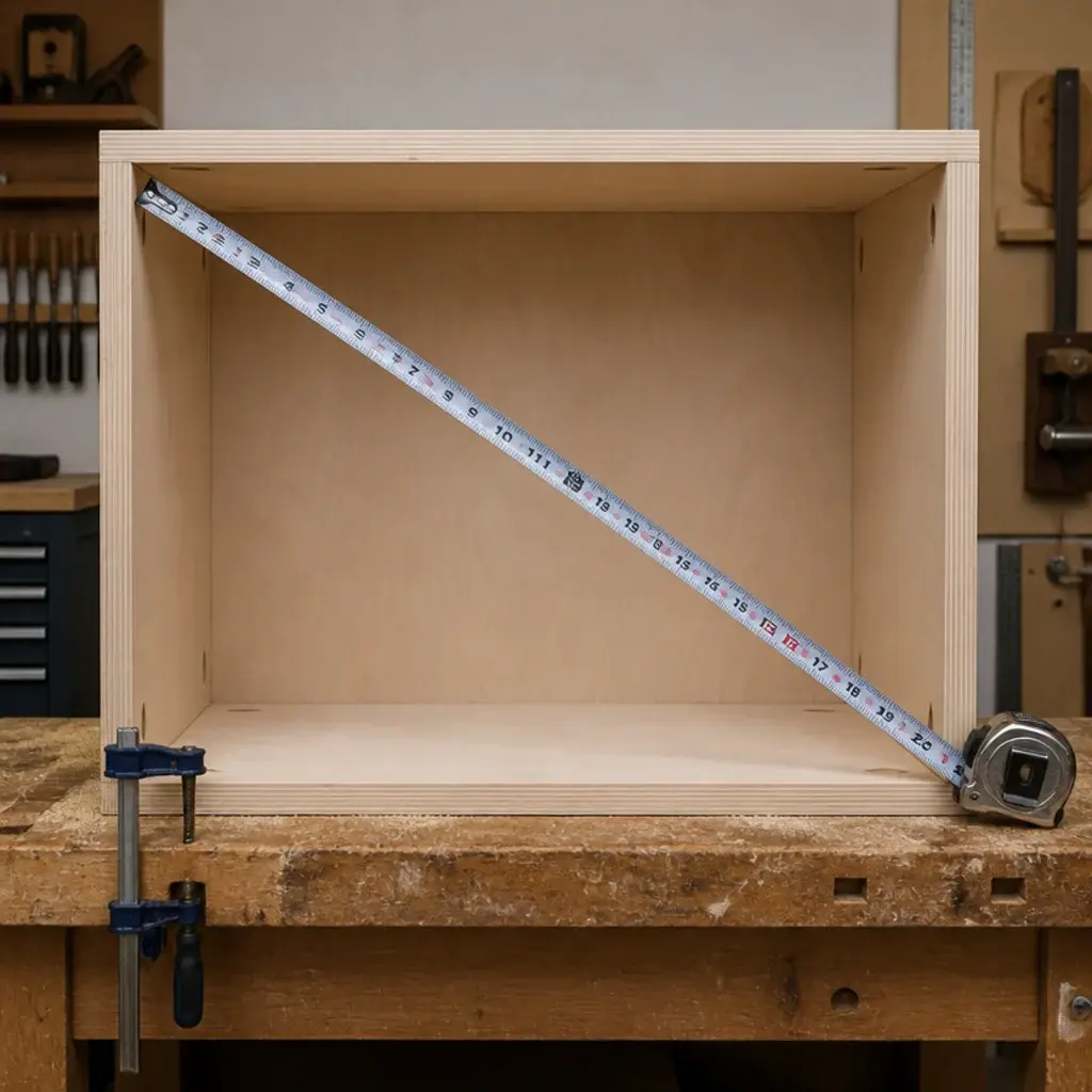 tape measure checking diagonals of a plywood carcass for square
