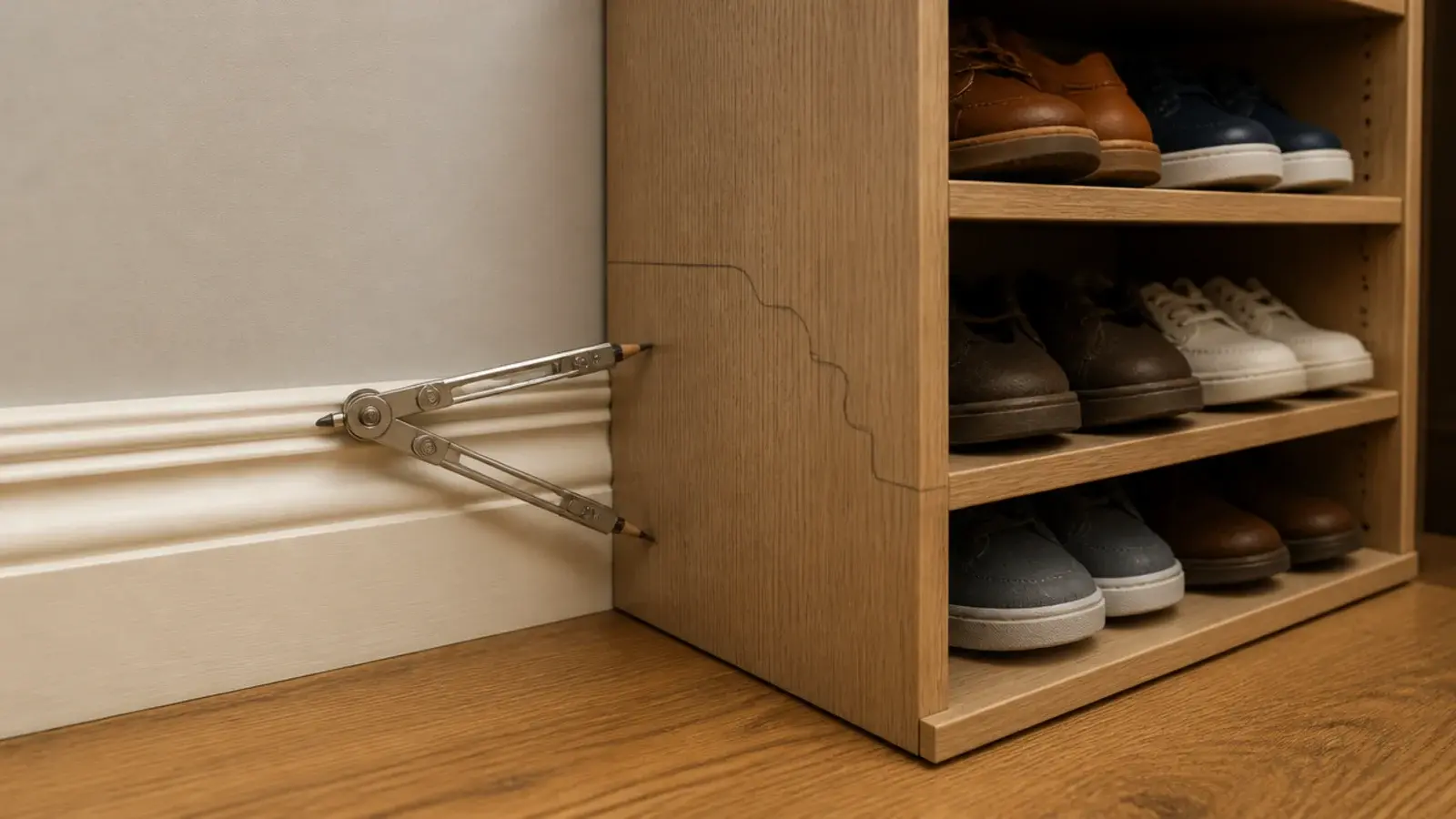 pencil scribing a baseboard profile onto the side of a shoe unit