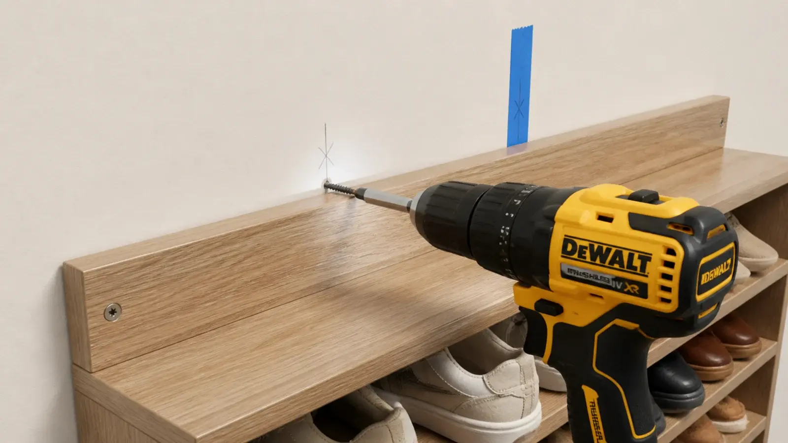 shoe storage unit being screwed through its back rail into wall studs