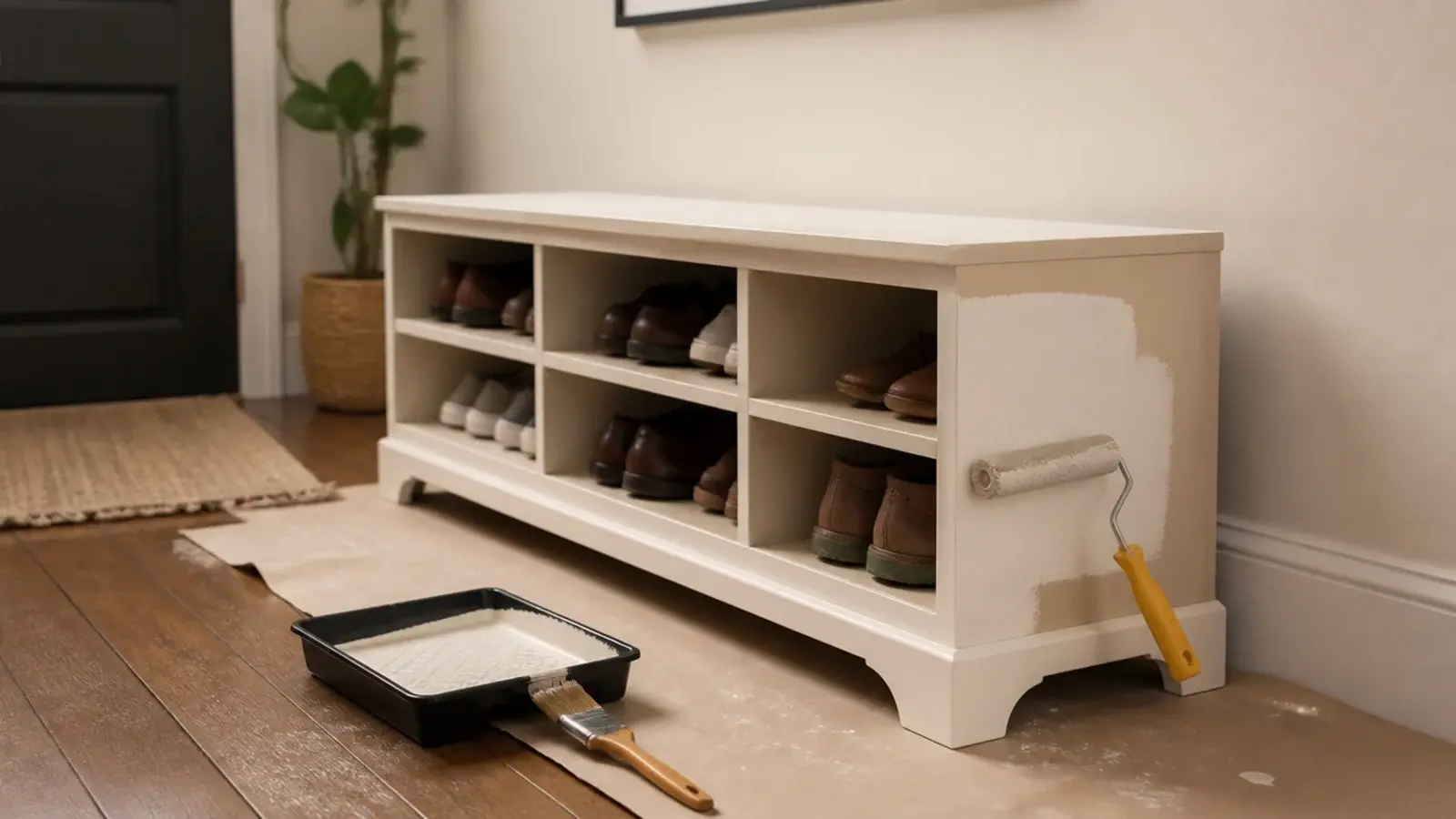 plywood shoe unit being rolled with cream primer in an entryway