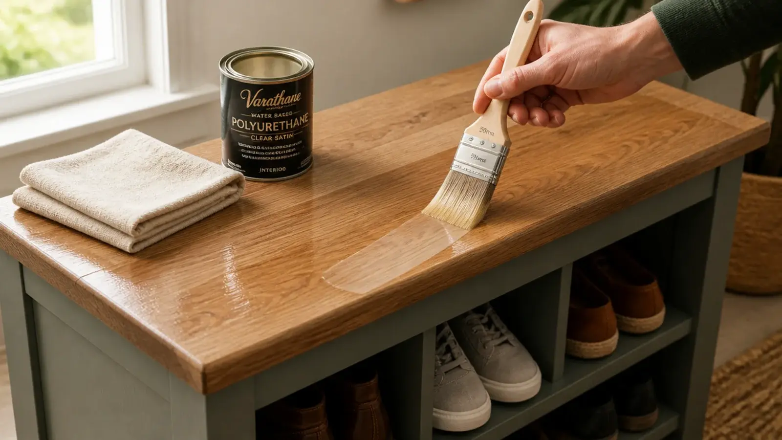 clear polyurethane being brushed onto a shoe bench seat surface