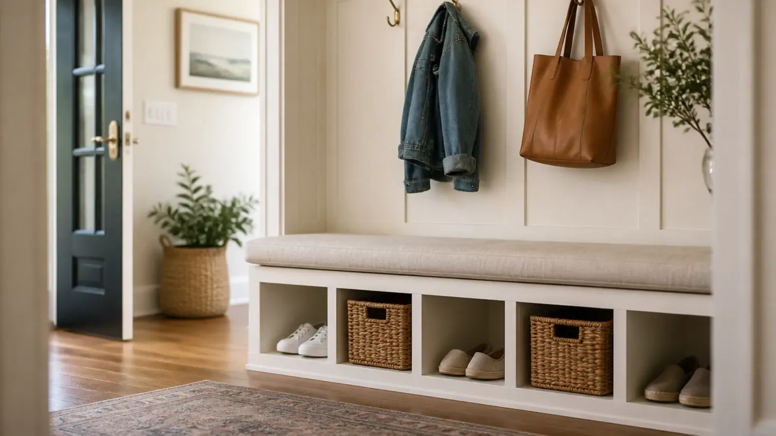 finished diy shoe storage bench with cubbies and baskets in an entryway