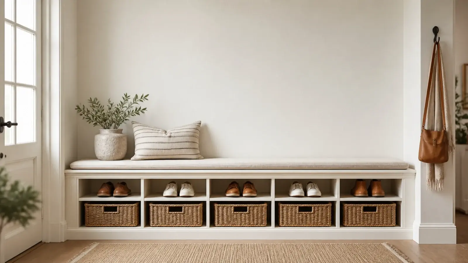 vertical diy shoe storage bench build image with cubbies and baskets
