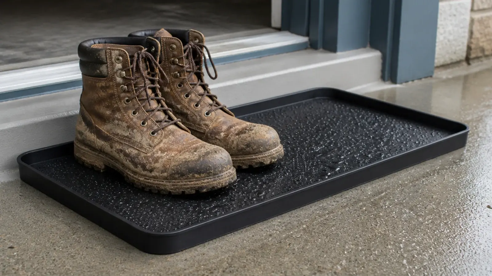 wet leather boots on a raised tray beside a garage door threshold