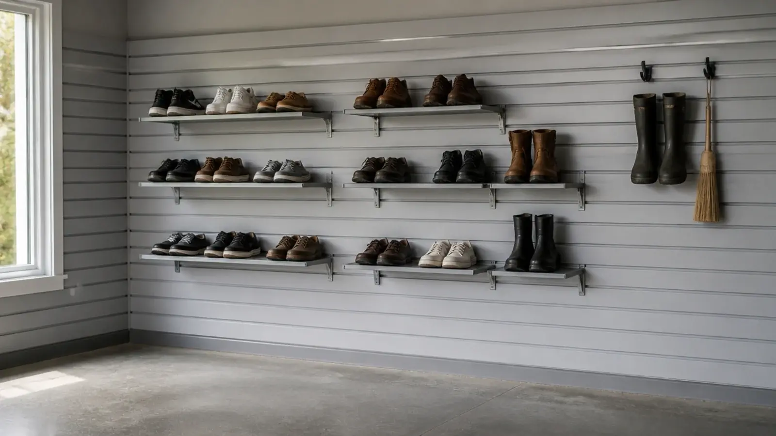 garage slatwall panel holding shoe shelves hooks and hanging boots