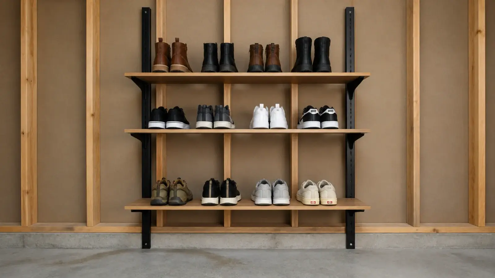 steel track shelving on a garage wall holding rows of sturdy shoes
