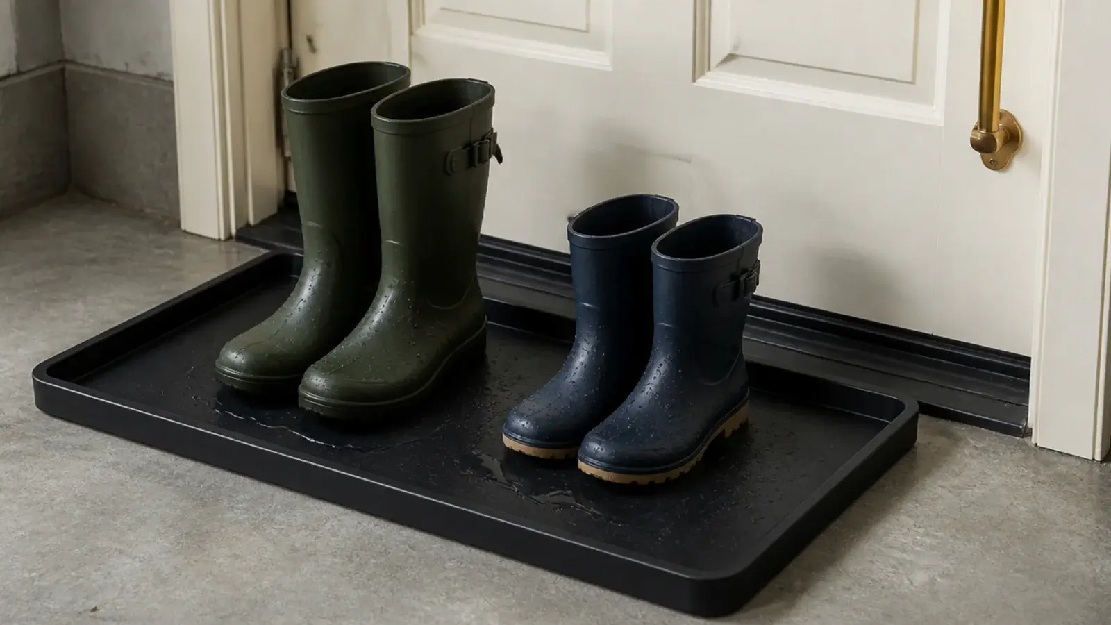 raised lip drip tray inside a garage beside the interior house door