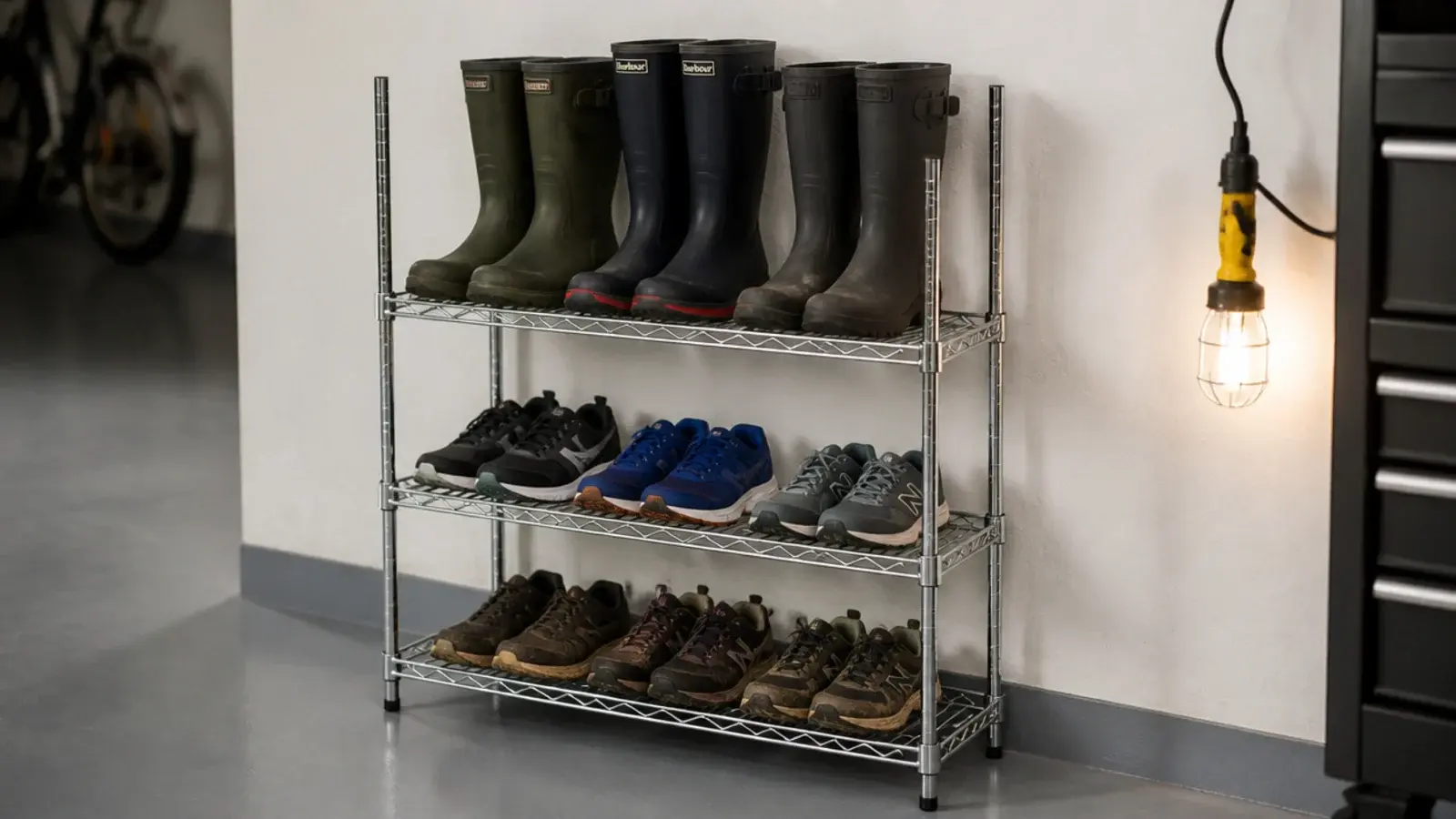 galvanized wire shelving in a garage holding boots that drip dry