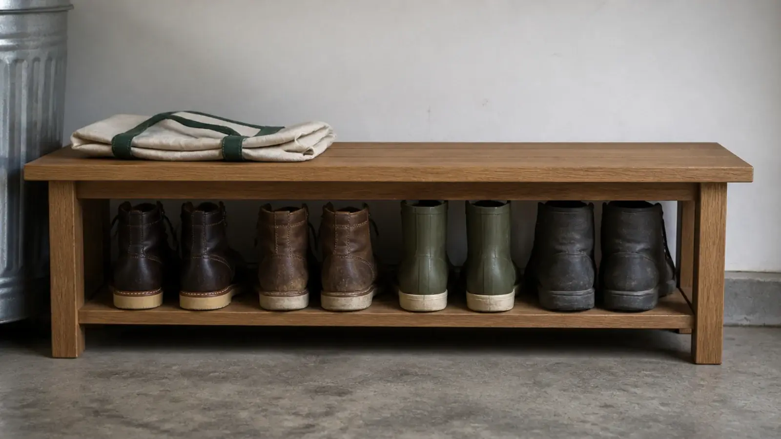 simple wooden garage bench with boots stored on the shelf beneath