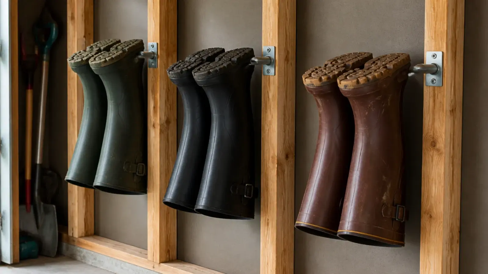 tall rubber boots hanging upside down from garage wall boot bars
