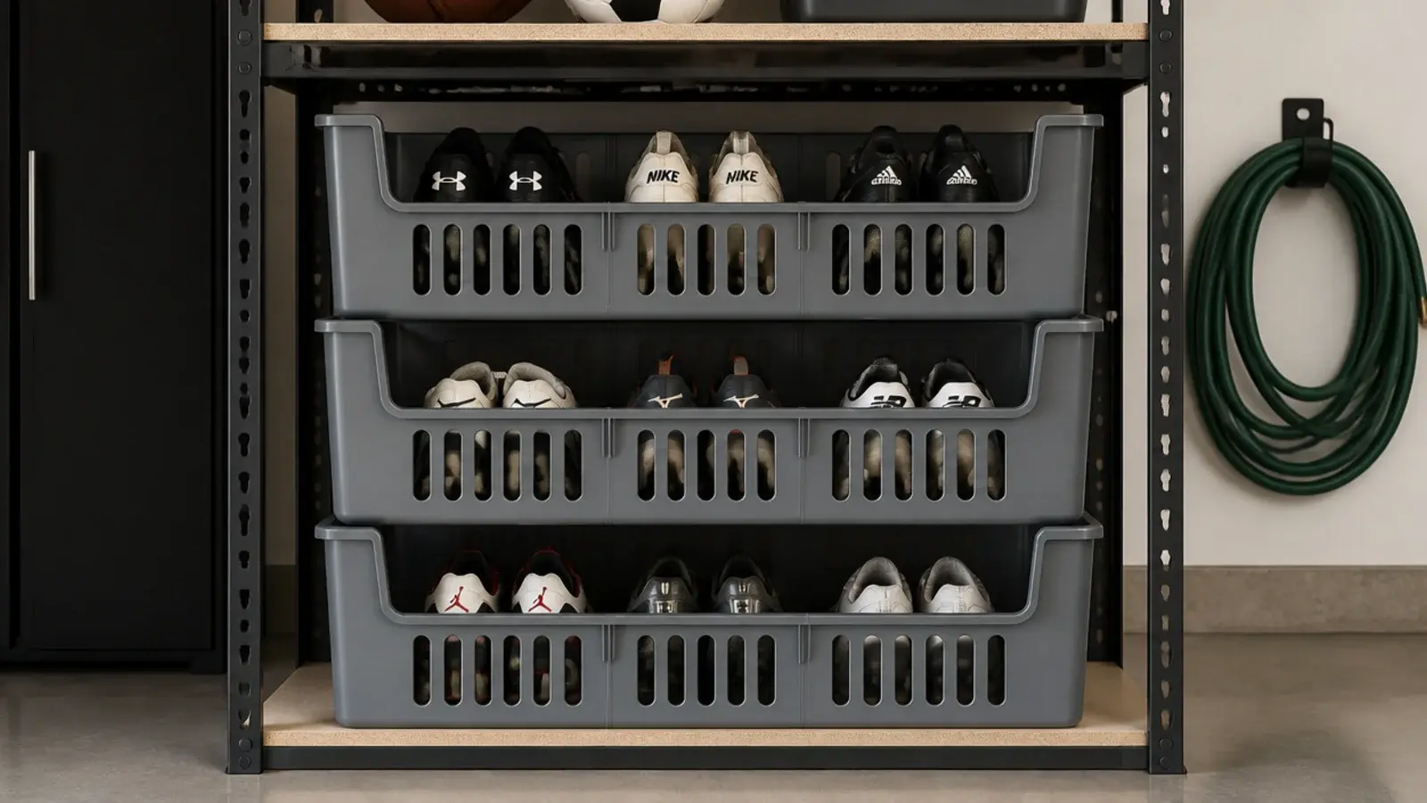 stacked vented plastic bins in a garage holding sports shoes and cleats