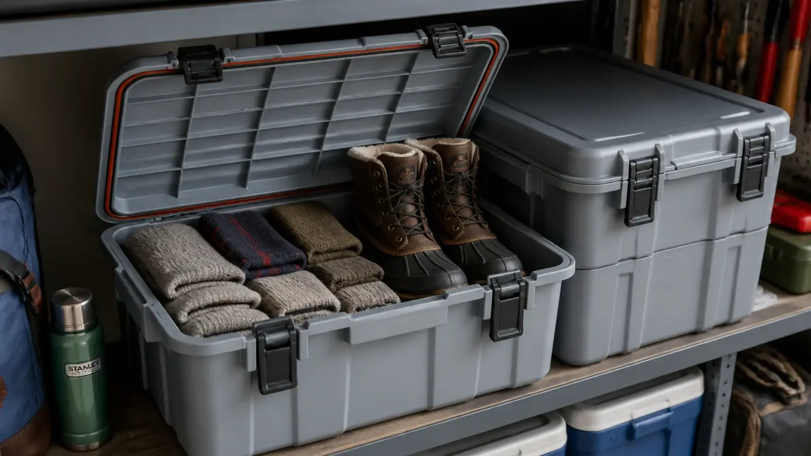 sealed gasket tote in a garage storing off season snow boots