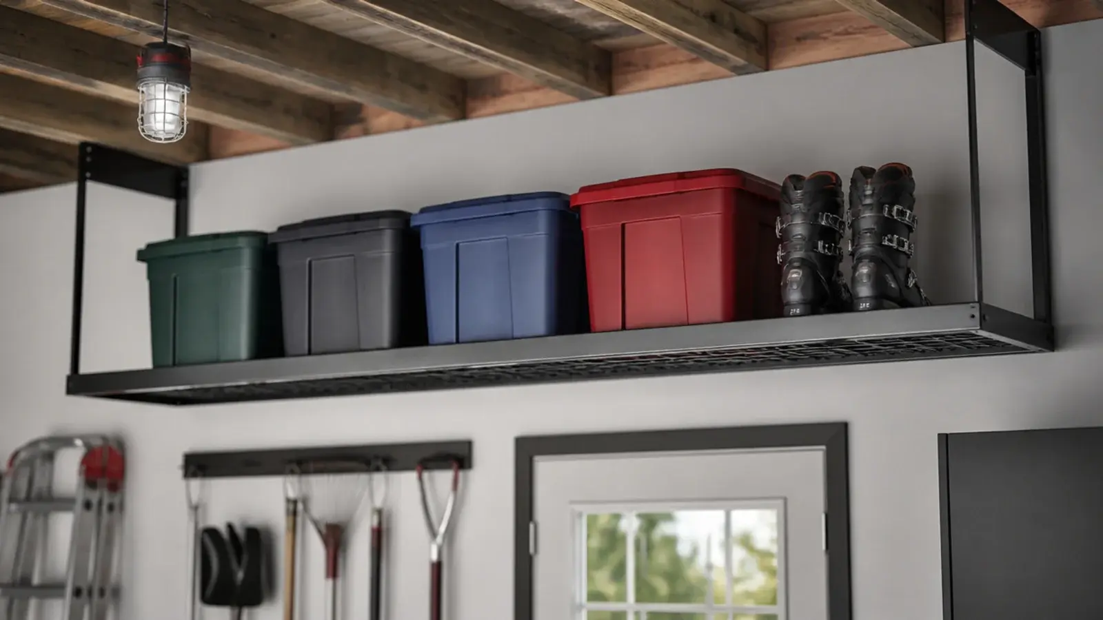 overhead garage shelf holding bins of seasonal shoes above head height