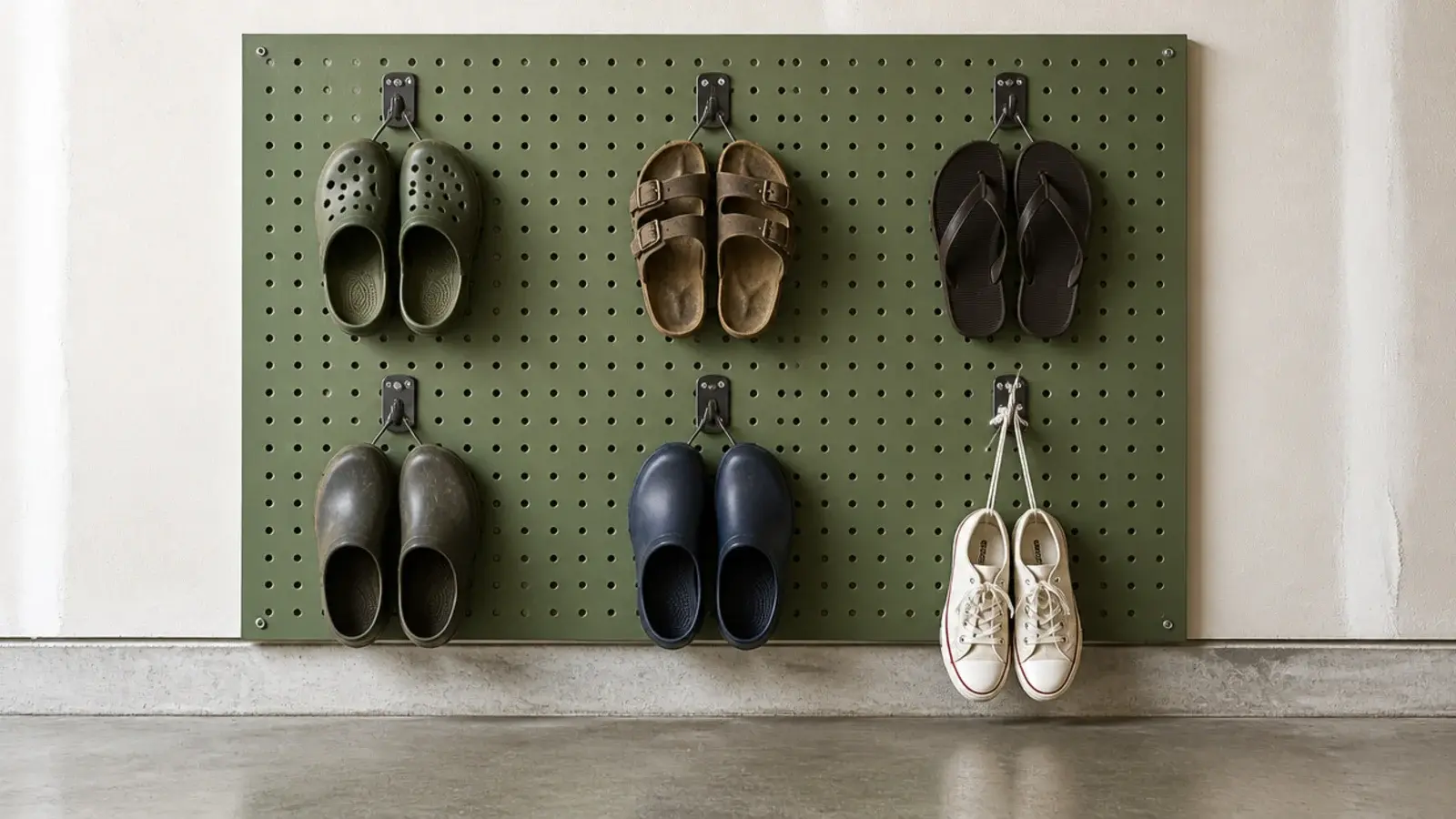 garage pegboard wall with steel hooks holding lightweight shoes and sandals