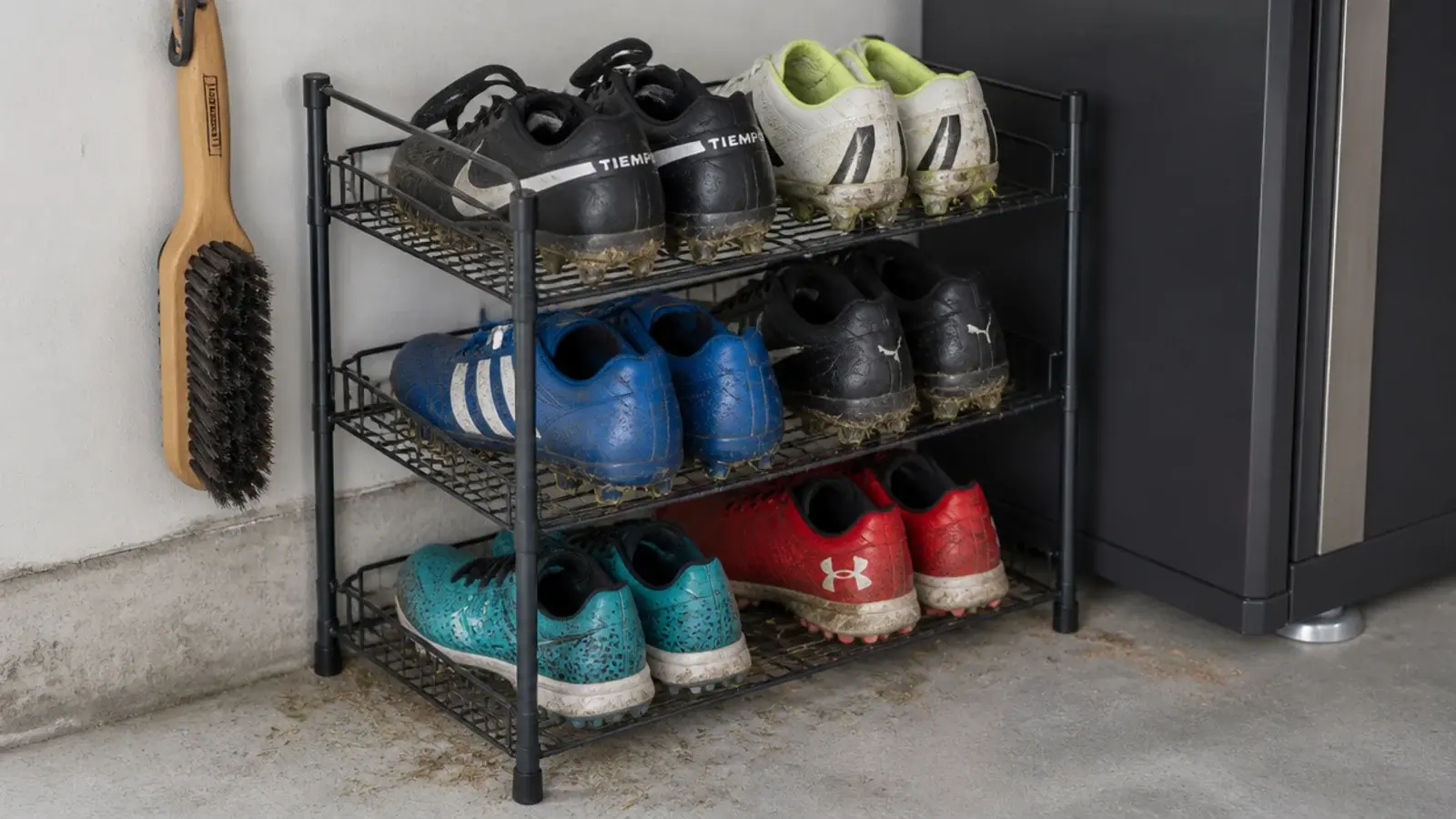garage corner rack holding soccer cleats and turf shoes on wire trays