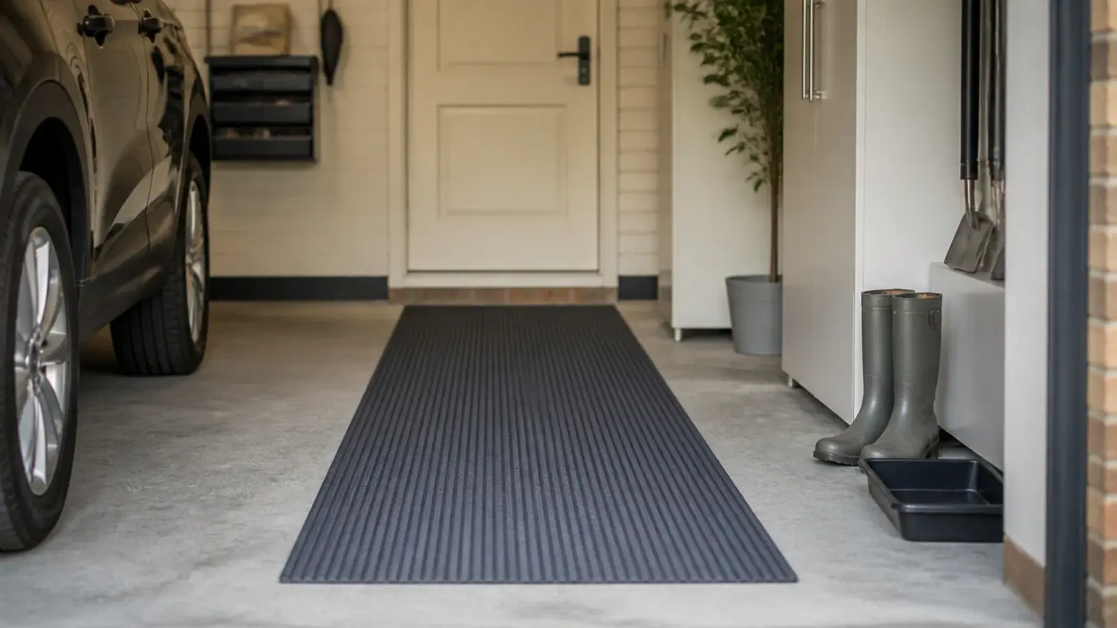 ribbed rubber runner mat crossing a garage floor toward the house door