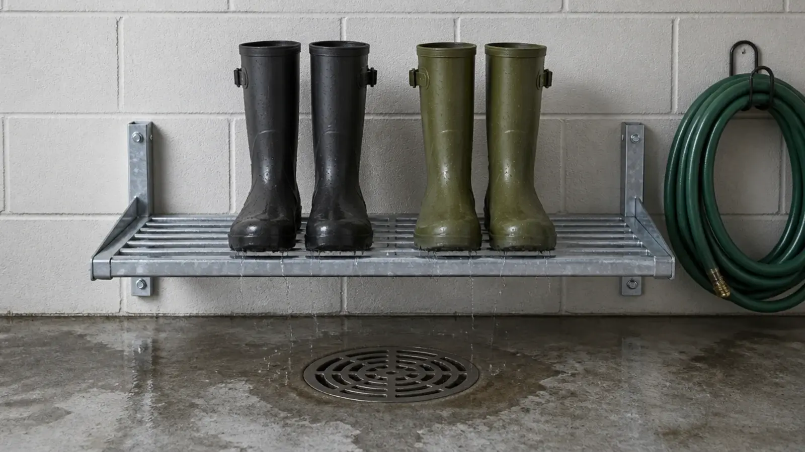 slatted drying rack positioned above a garage floor drain with boots